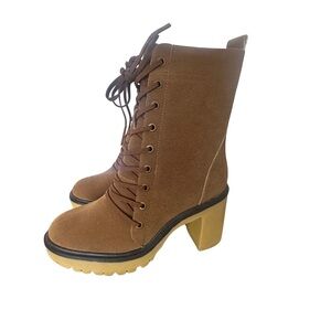 Camel Lace-Up Heeled Booties